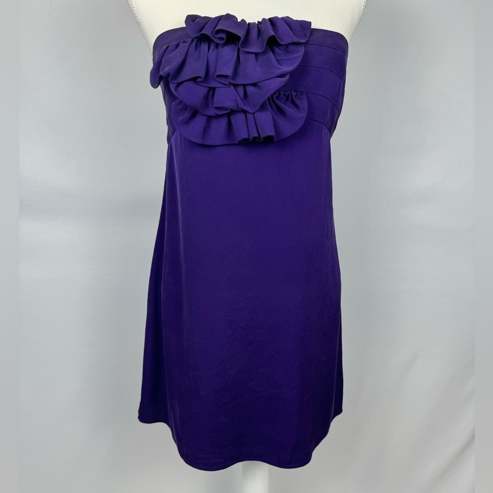 Alice + Olivia Silk Mini Dress Strapless Purple Ruffle Front Small Party Violet